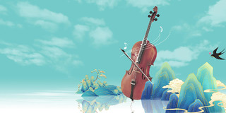 绿色简约山水小提琴山水燕子音乐会展板背景音乐音乐会背景